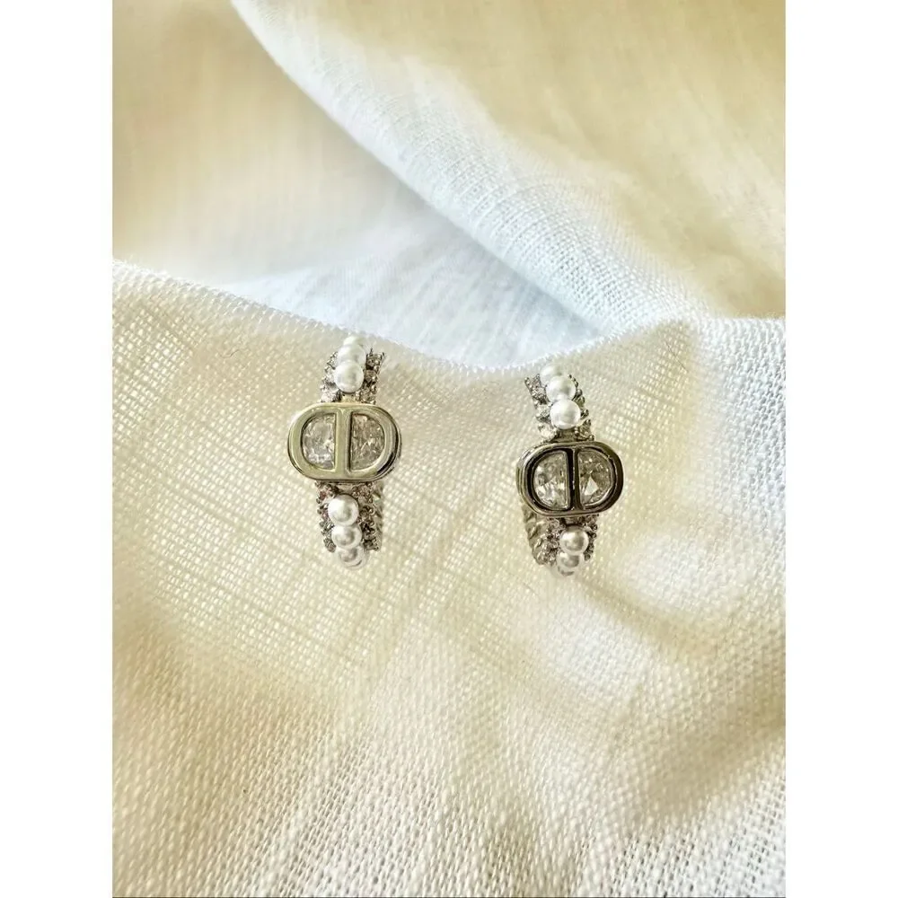 Cubic zirconia faux pearl hoop earrings